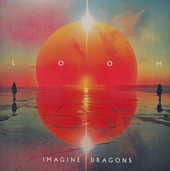 Loom album cover with two silhouettes, large sunset, cracked reflective ground, Imagine Dragons