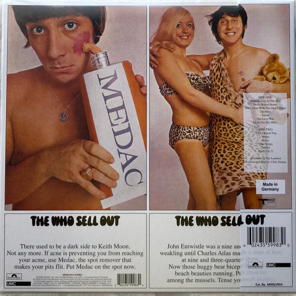 The Who Sell Out vinyl record back cover with retro parody ads and band members in costume