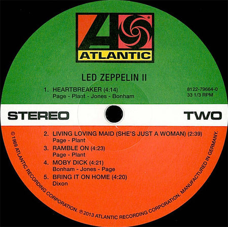 Led Zeppelin II vinyl record label, Atlantic logo, tracklist, and stereo marking