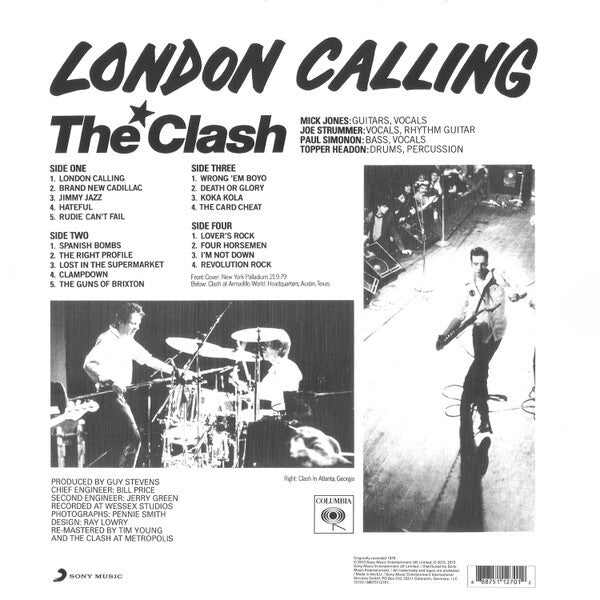 Back cover of The Clash 'London Calling' vinyl record featuring tracklist, band photos, and album credits in a black and white design.