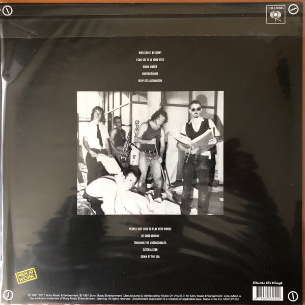 Back cover of a vinyl record featuring a black and white band photo, song list, and Columbia Records logos.