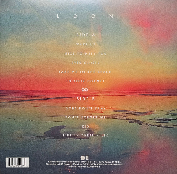 Vinyl record back cover with pastel sunset beach, tracklist for album 'Loom' in white text.