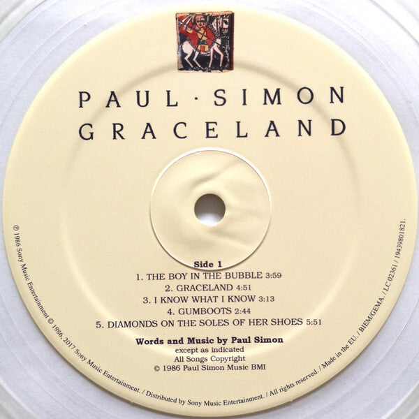 Paul Simon Graceland vinyl record label with tracklist for Side 1 and album artwork, music collectible