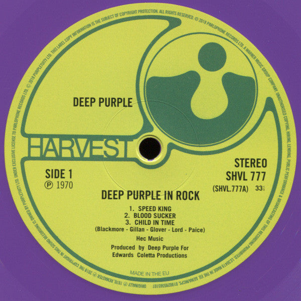 Deep Purple In Rock vinyl record label, Harvest Records logo, tracklist for side 1, classic rock