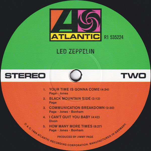 Led Zeppelin vinyl record label, Atlantic logo, tracklist, retro music collector item