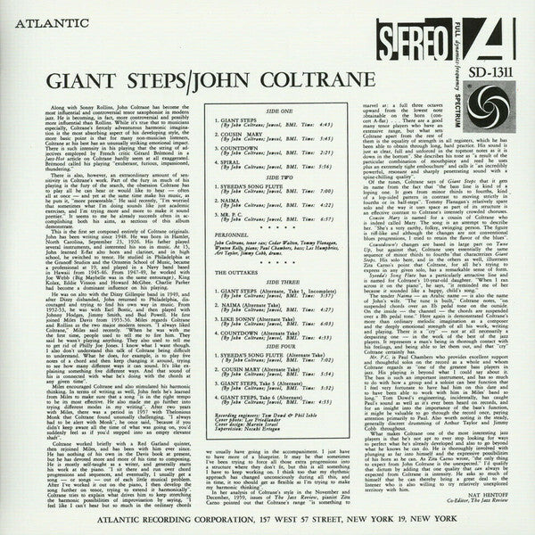 Back cover of John Coltrane's Giant Steps vinyl record featuring tracklist and album notes.