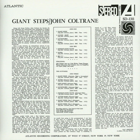 Back cover of John Coltrane's Giant Steps vinyl record featuring tracklist and album notes.