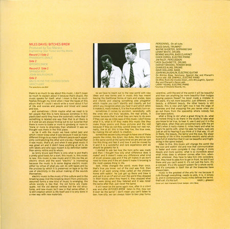 Miles Davis Bitches Brew vinyl album back cover with personnel, tracklist, and photo.