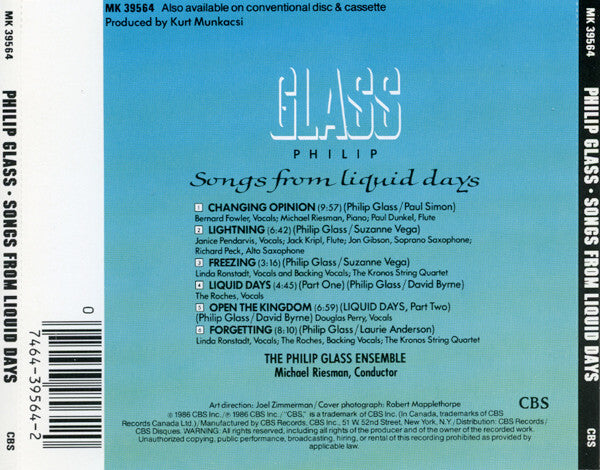 Philip Glass - Songs From Liquid Days - Rare Used CD