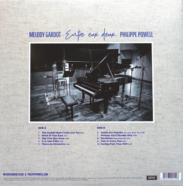 Back cover of 'Entre eux deux' vinyl record by Melody Gardot and Philippe Powell, featuring a grand piano in a recording studio and tracklist.