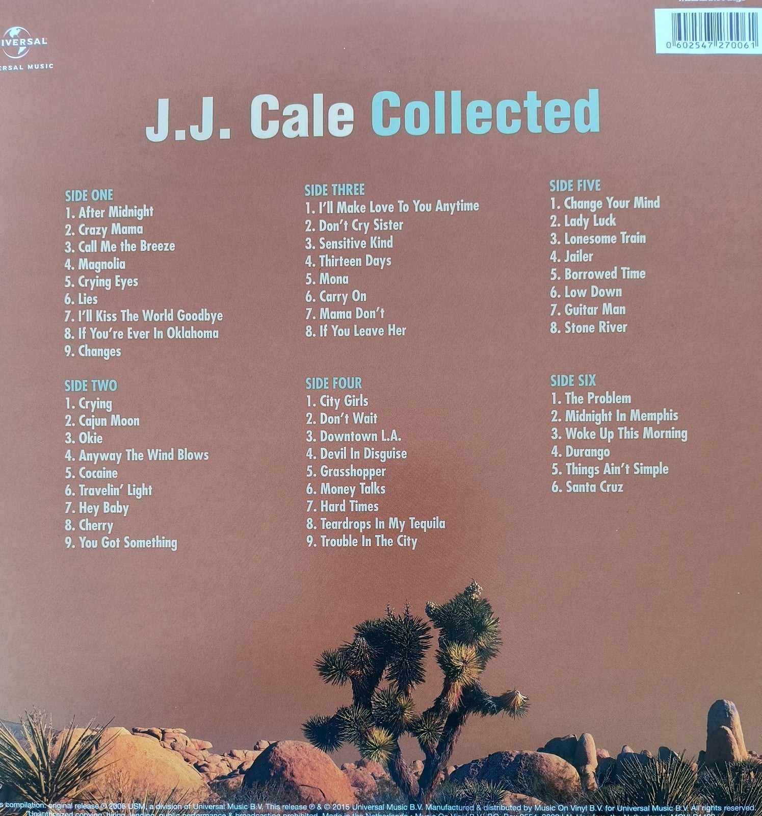 Back cover of J.J. Cale Collected vinyl record showing tracklist, desert landscape, Joshua trees