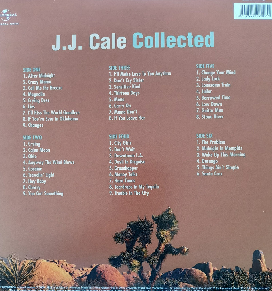 Back cover of J.J. Cale Collected vinyl record showing tracklist, desert landscape, Joshua trees