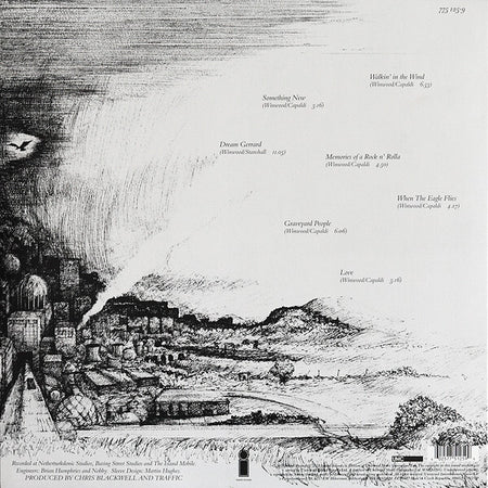 Black and white album cover art with song list and detailed countryside landscape sketch.