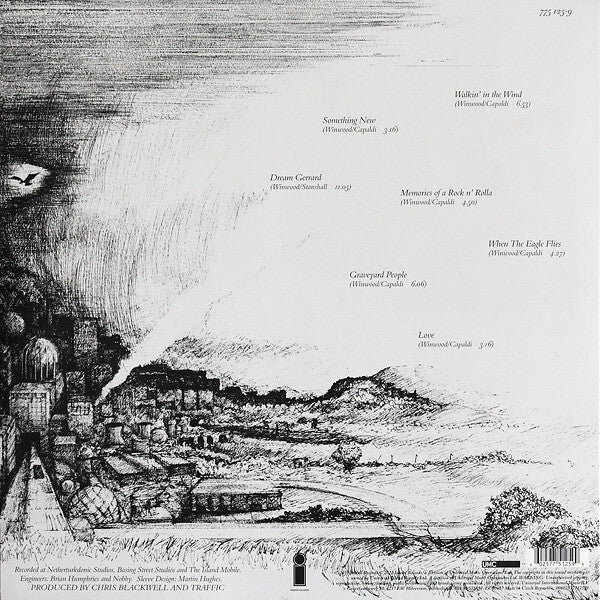 Black and white album cover art with song list and detailed countryside landscape sketch.