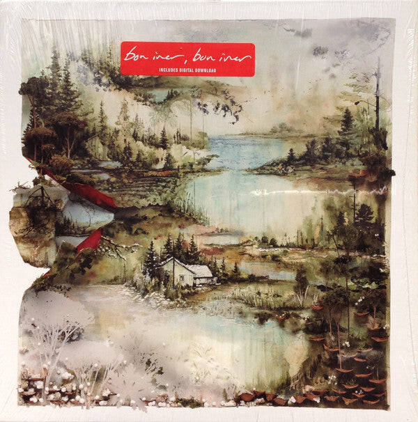 Bon Iver vinyl record cover featuring serene watercolor landscape with trees, lake, and cottage