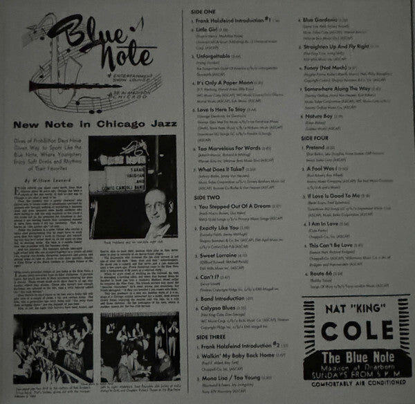Blue Note jazz vinyl record album back cover featuring Nat King Cole tracklist, artist photos, and liner notes.