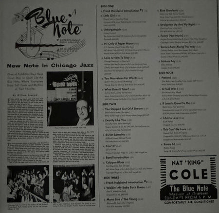 Blue Note jazz vinyl record album back cover featuring Nat King Cole tracklist, artist photos, and liner notes.