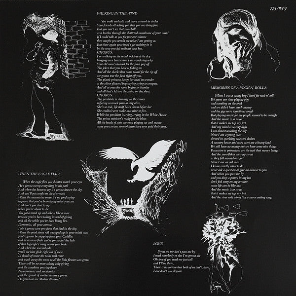 Black vinyl record album sleeve featuring white illustrations, song lyrics, and artistic sketches.