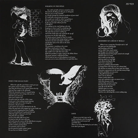 Black vinyl record album sleeve featuring white illustrations, song lyrics, and artistic sketches.