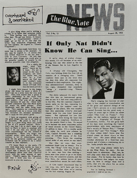 Vintage jazz newsletter featuring Nat King Cole article, black-and-white photo, classic design.