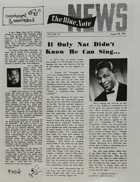 Vintage jazz newsletter featuring Nat King Cole article, black-and-white photo, classic design.