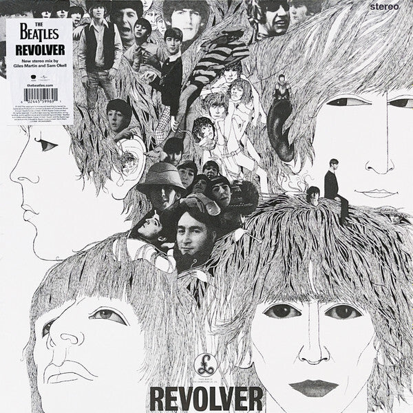 The Beatles Revolver album cover featuring black and white collage of drawn and photographed band members.