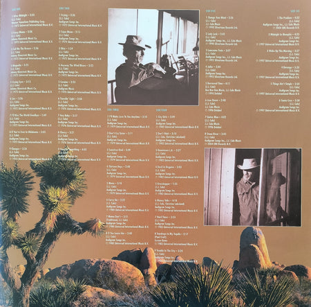 Desert landscape with Joshua trees, vinyl record tracklist, and sepia photos of a man in a hat