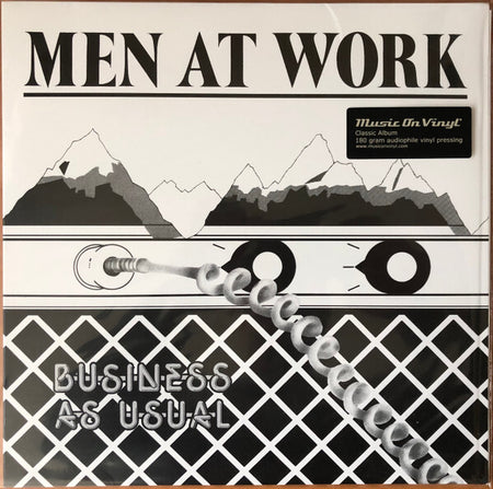 Men at Work Business as Usual vinyl record album cover with black and white mountain graphic