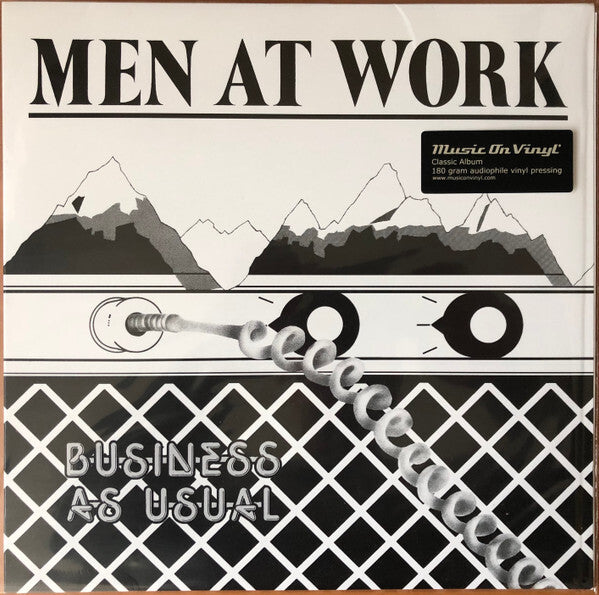 Men at Work Business as Usual vinyl record album cover with black and white mountain graphic