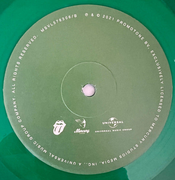 Green vinyl record close-up with Mercury and Universal Music Group logos, modern collectible.
