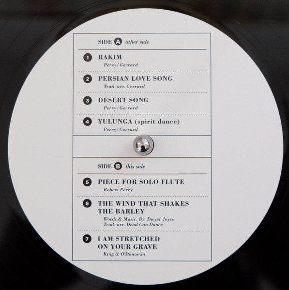 Close-up of vinyl record label with tracklist, featuring classic and world music titles.