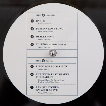 Close-up of vinyl record label with tracklist, featuring classic and world music titles.