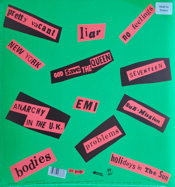 Green vinyl record cover with punk rock song titles in cutout style text, including God Save the Queen, Anarchy in the UK, bodies, and more.