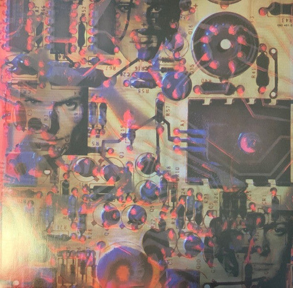 Abstract vinyl record cover art featuring overlapping circuit board patterns and human faces, electronic music theme.