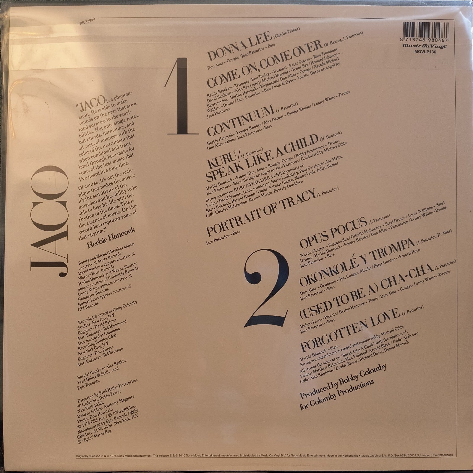 Jaco Pastorius - Self-Titled - MOV 180 Gram - 1 LP - Brand New/Sealed