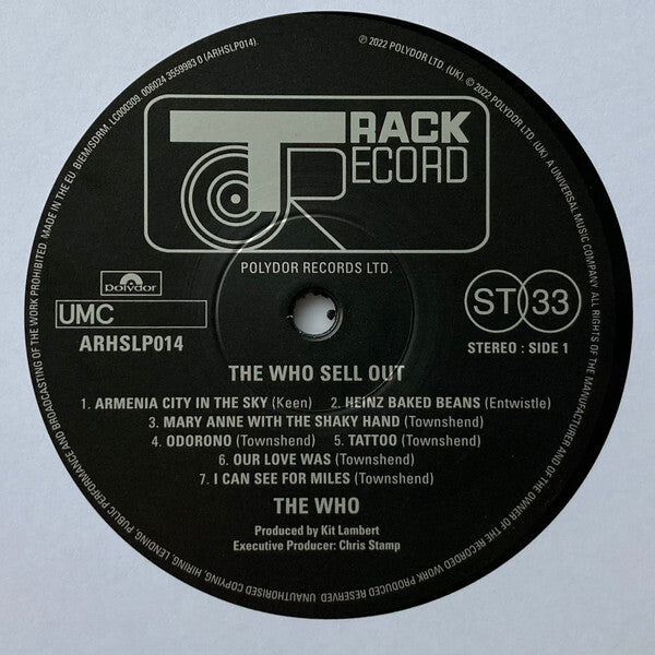 The Who Sell Out vinyl record label, Track Record logo, song list, and Polydor branding.