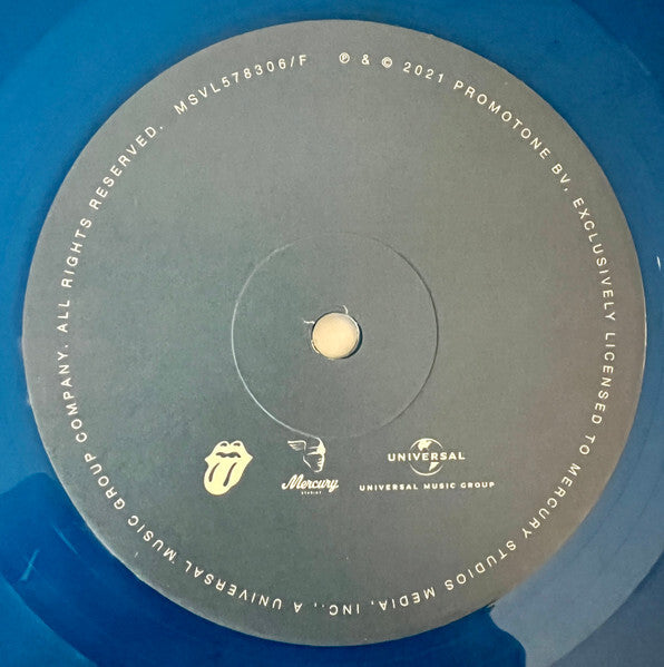 Close-up of a blue vinyl record with Universal Music Group, Mercury Studios, and Rolling Stones logo.
