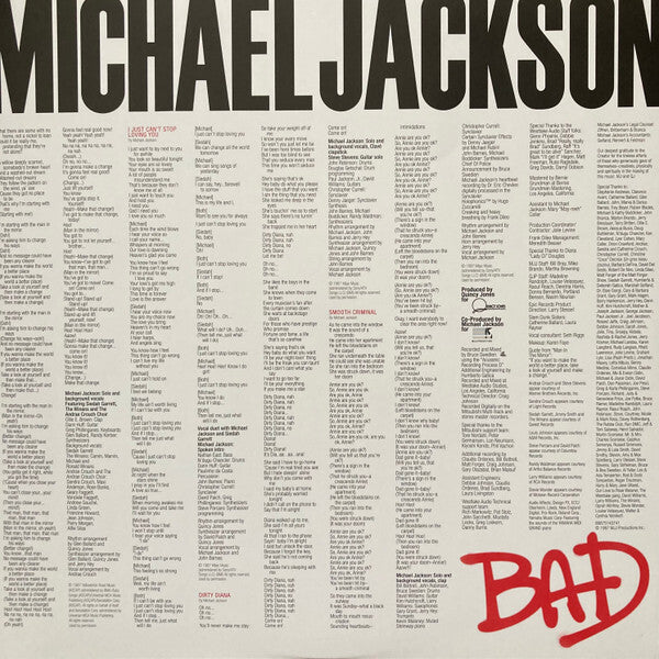 Michael Jackson Bad album cover with bold black text, song lyrics and red Bad logo