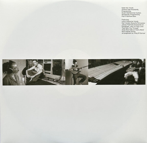 Black and white photo collage of musicians in recording studio with instruments and mixing console.