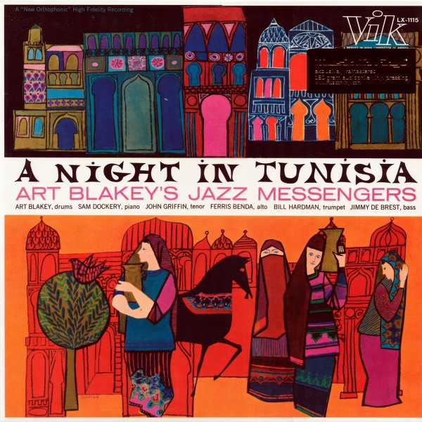 A Night in Tunisia album cover art with illustrated figures, horse, and colorful Tunisian architecture.