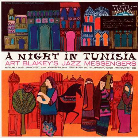 A Night in Tunisia album cover art with illustrated figures, horse, and colorful Tunisian architecture.