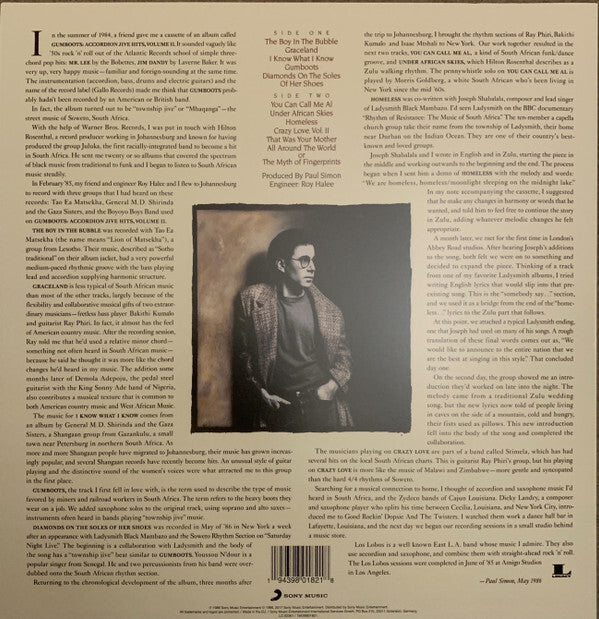 Back cover of a vinyl record with detailed text, track listing, and a black-and-white photo of a man in glasses and a coat.