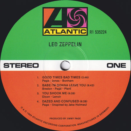 Led Zeppelin vinyl record label featuring Atlantic logo, tracklist, and colorful design.