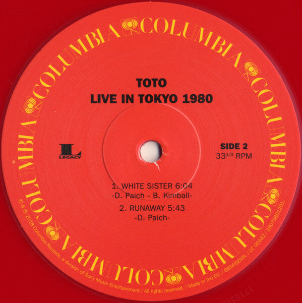 Toto Live in Tokyo 1980 vinyl record label, Columbia, Side 2, red and yellow design.