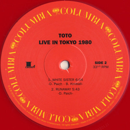 Toto Live in Tokyo 1980 vinyl record label, Columbia, Side 2, red and yellow design.