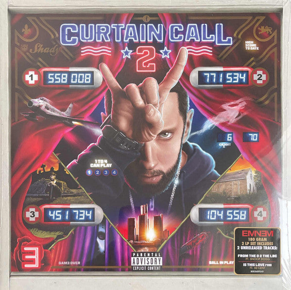 Curtain Call 2 vinyl album cover featuring intense portrait, neon lights, and pinball theme.
