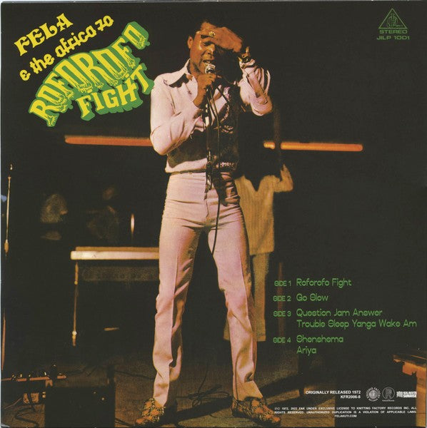 Vintage vinyl album cover showing a man singing on stage with microphone, Fela and the Africa 70, Roforofo Fight.