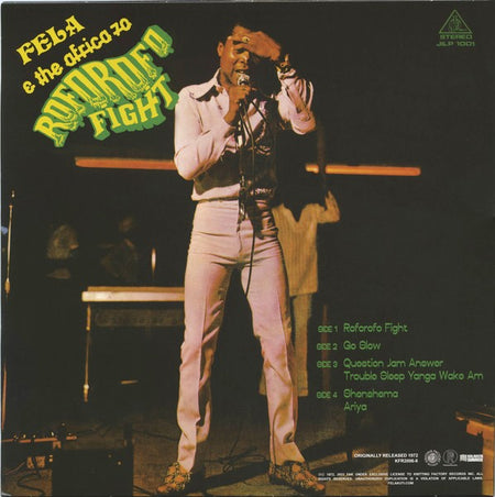 Vintage vinyl album cover showing a man singing on stage with microphone, Fela and the Africa 70, Roforofo Fight.