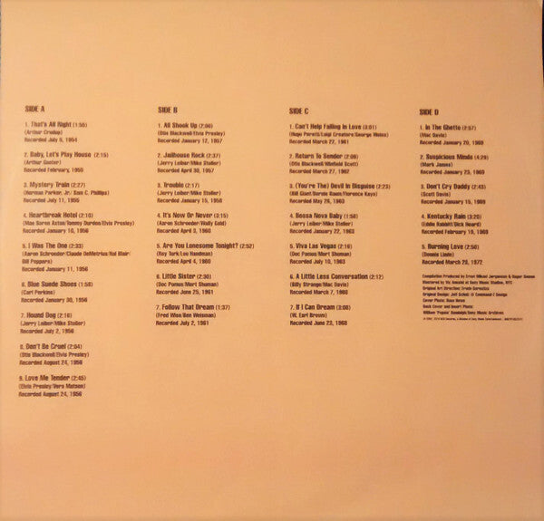 Beige vinyl record album back cover displaying song tracklist in four columns.