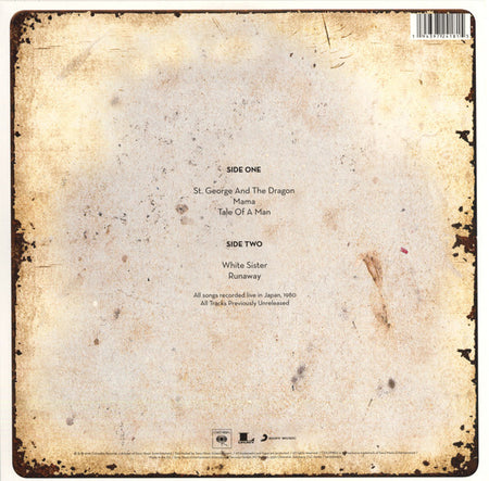 Back cover of a vintage vinyl record with tracklist, rust marks, and worn edges.
